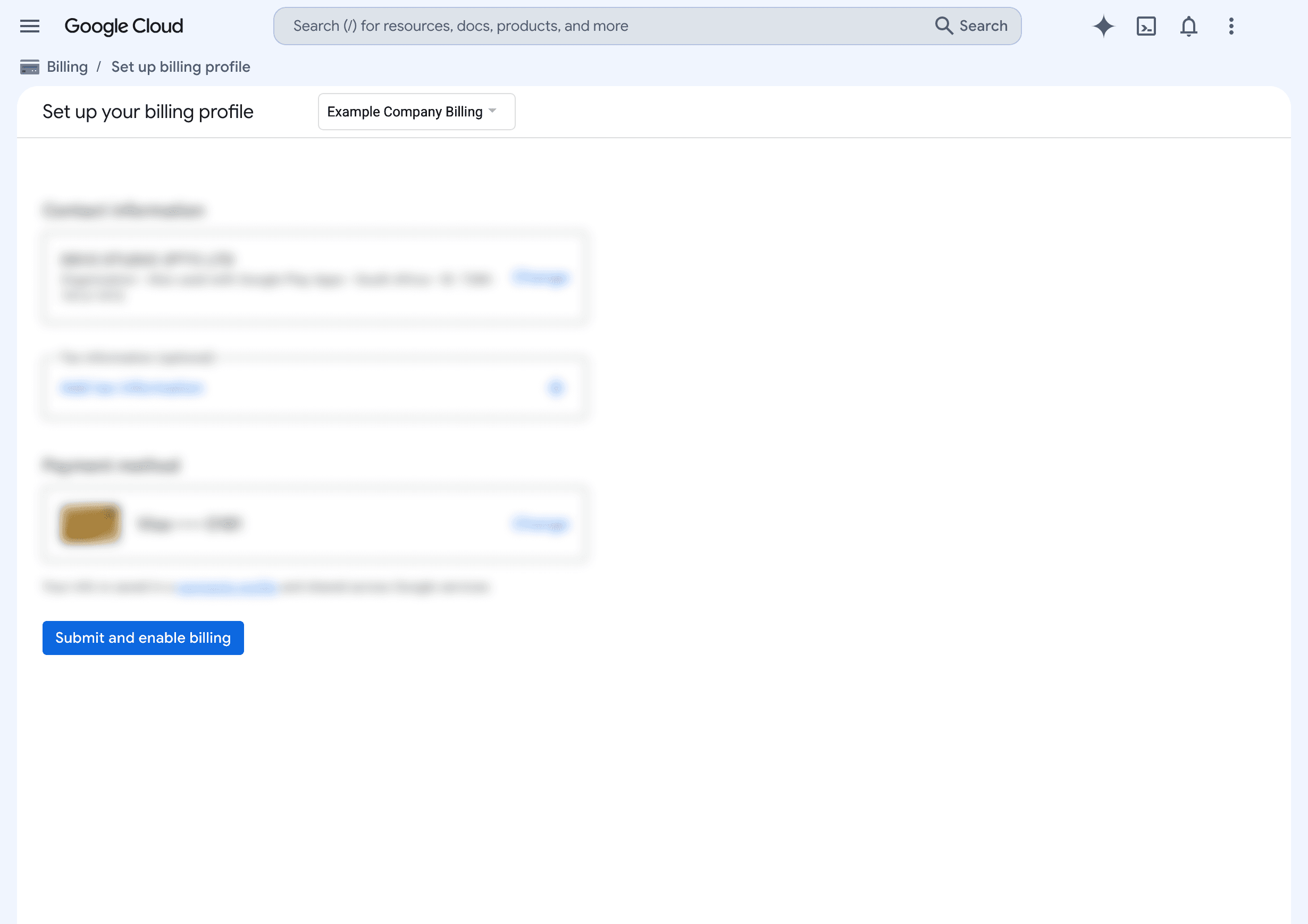 Google Cloud billing registration form with business profile and payment sections