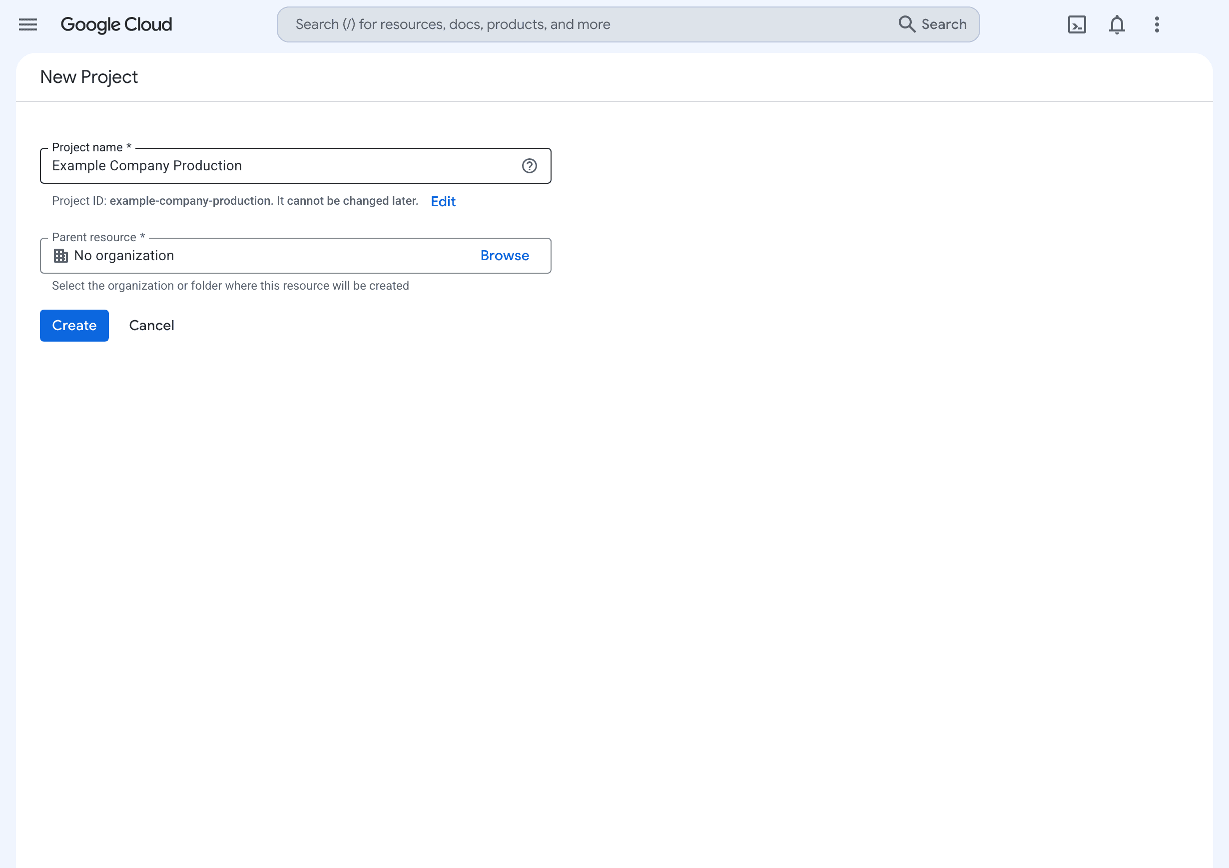 Google Cloud New Project form containing Example Company Production