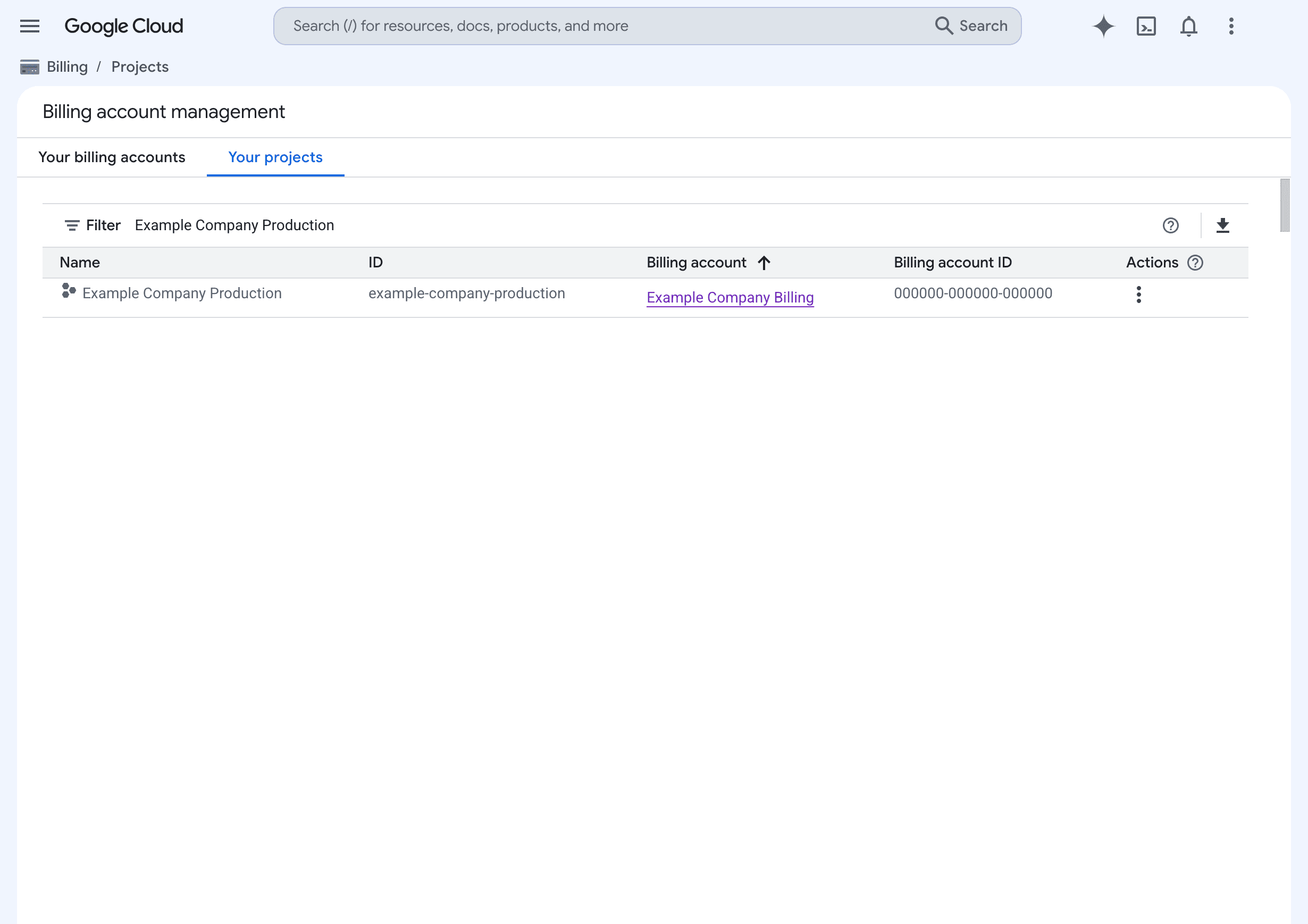 Google Cloud billing screen linking the starter project to your billing account