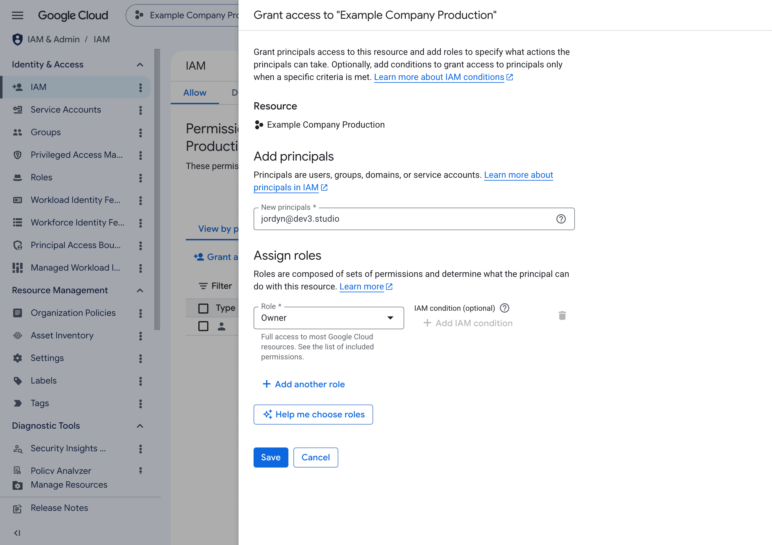 Google Cloud Grant access panel assigning Project Owner to a Dev3 Studio team member