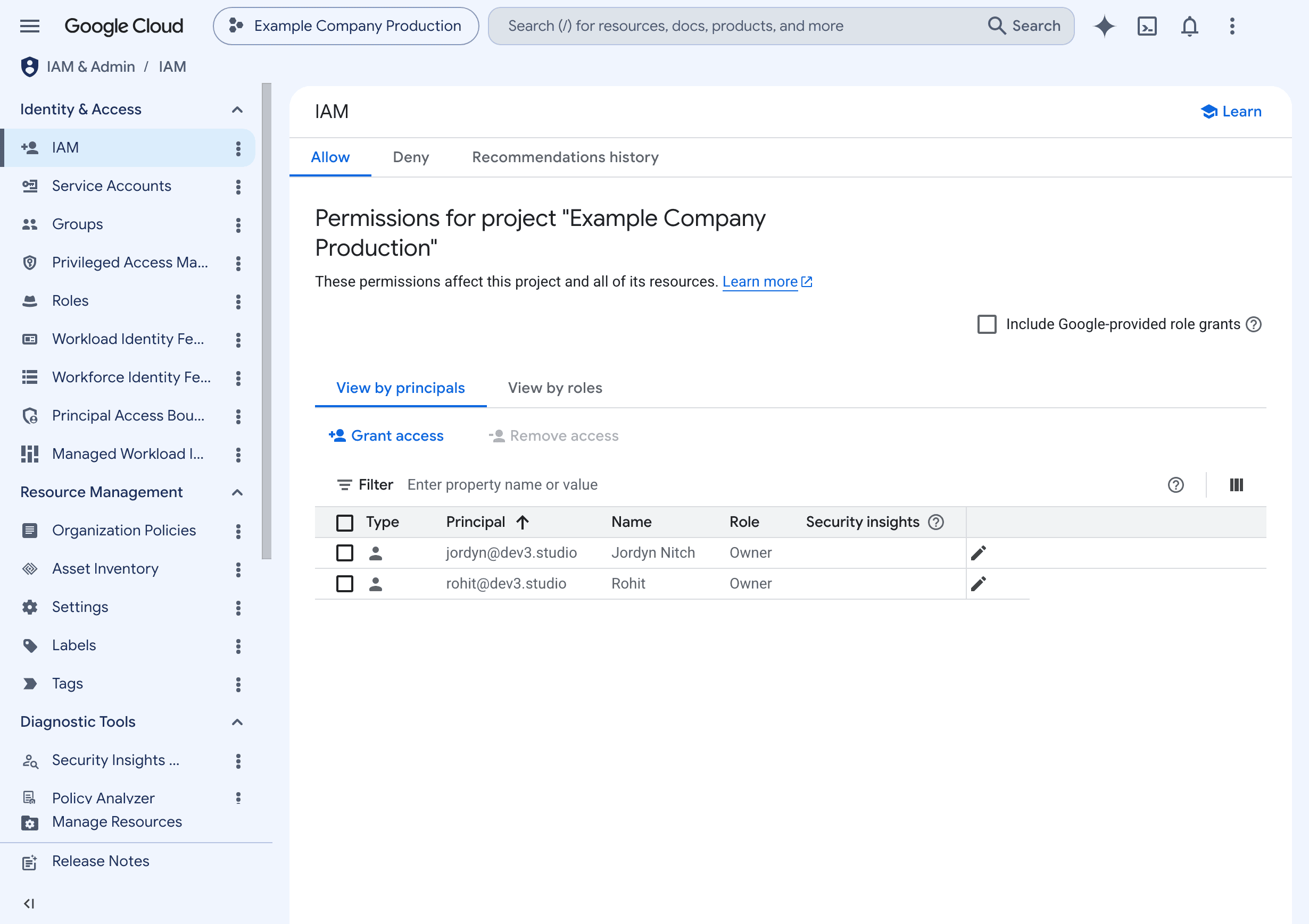 Google Cloud IAM list showing both Dev3 Studio addresses as project Owners