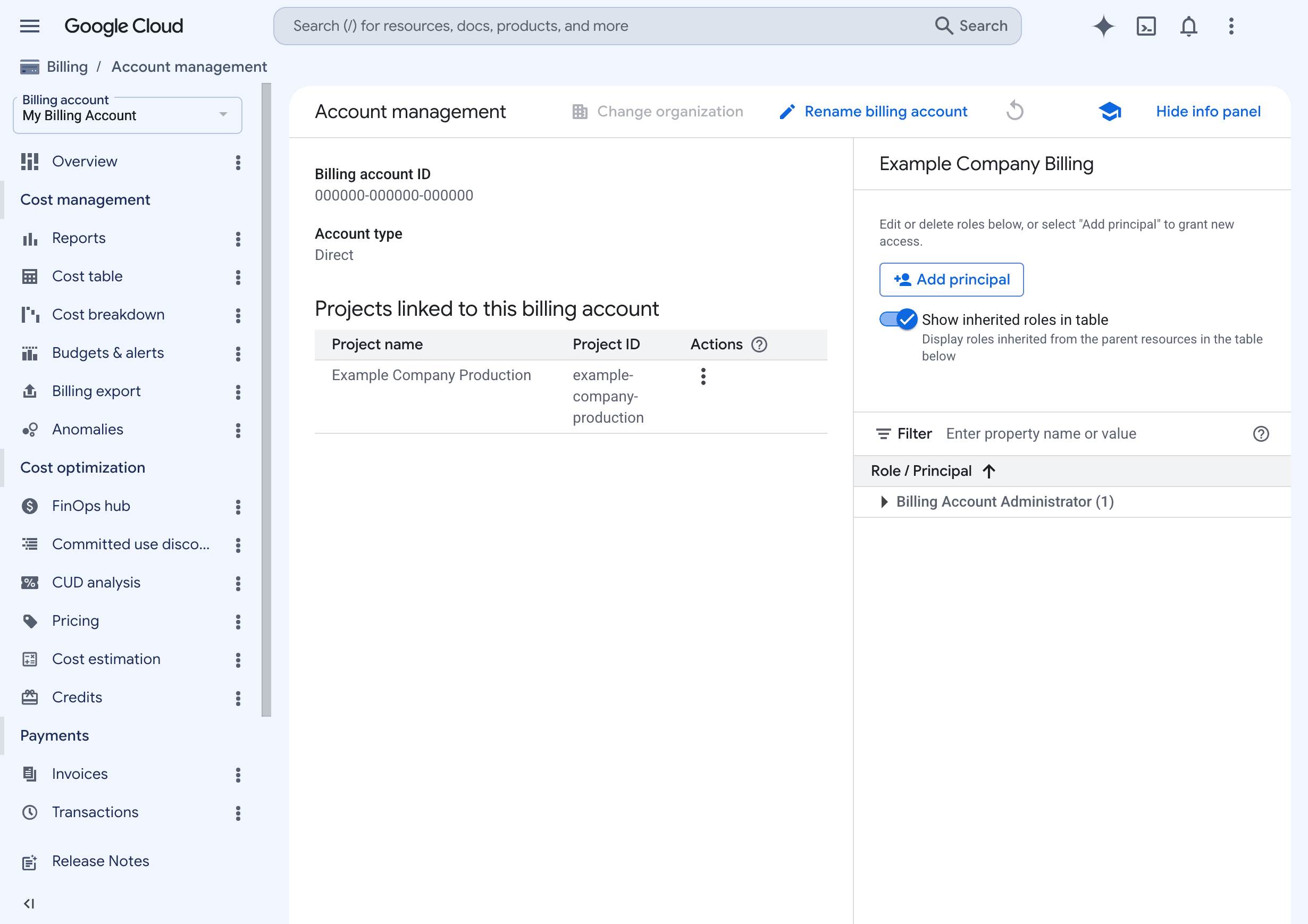 Google Cloud Billing Account management screen with permissions controls