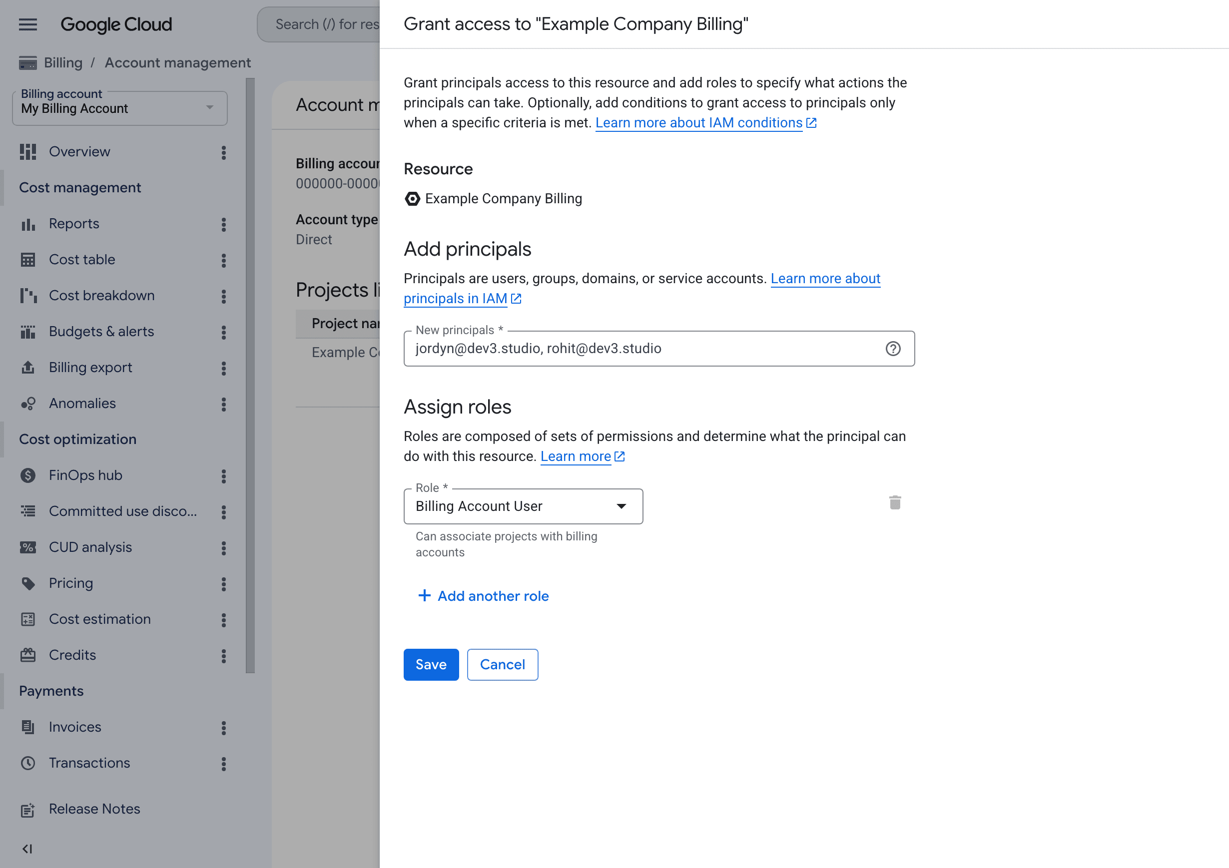 Google Cloud billing IAM showing both Dev3 Studio addresses as Billing Account Users