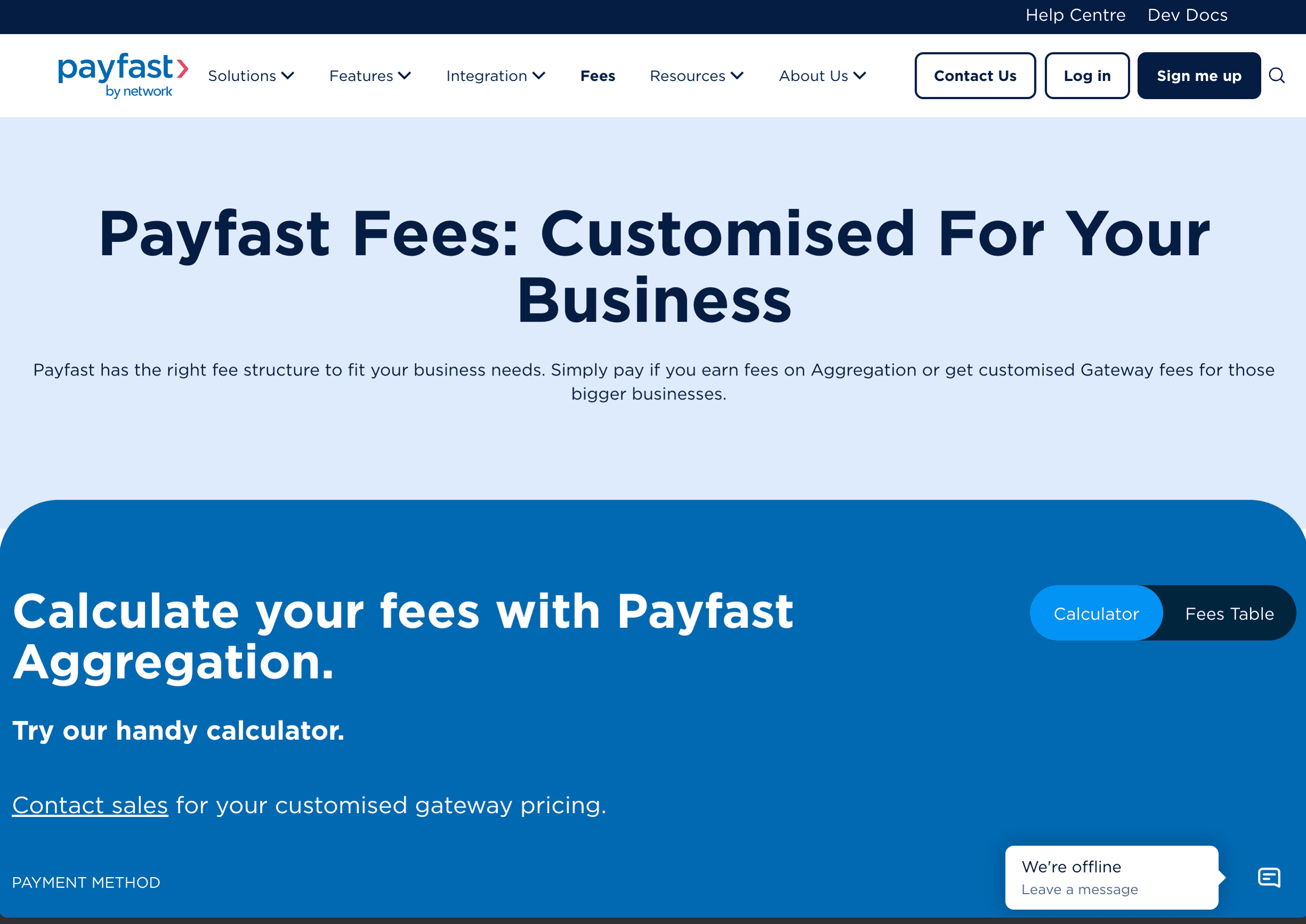 Live PayFast fees page