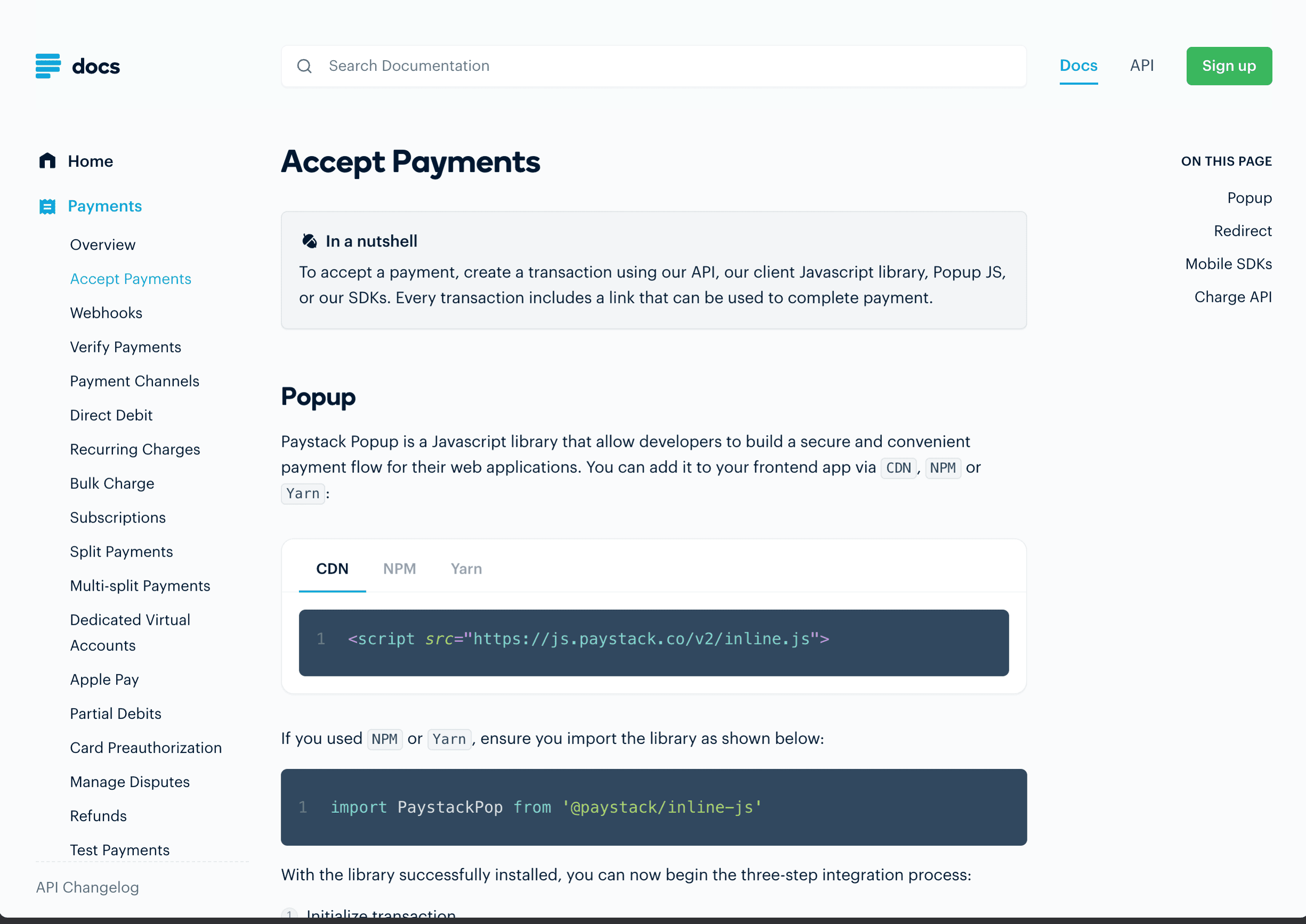 Paystack developer documentation for accepting payments