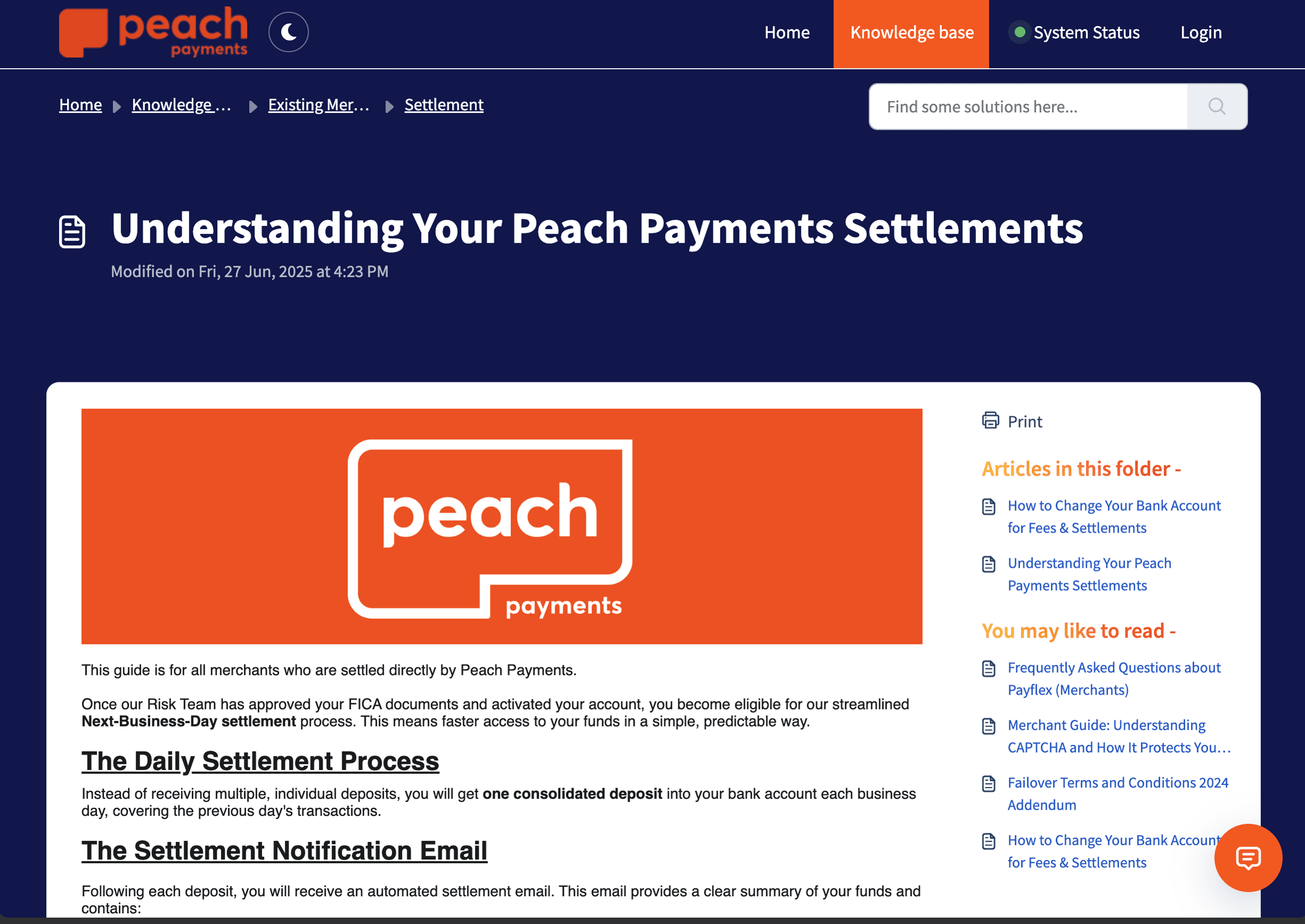 Official Peach Payments support article explaining settlements