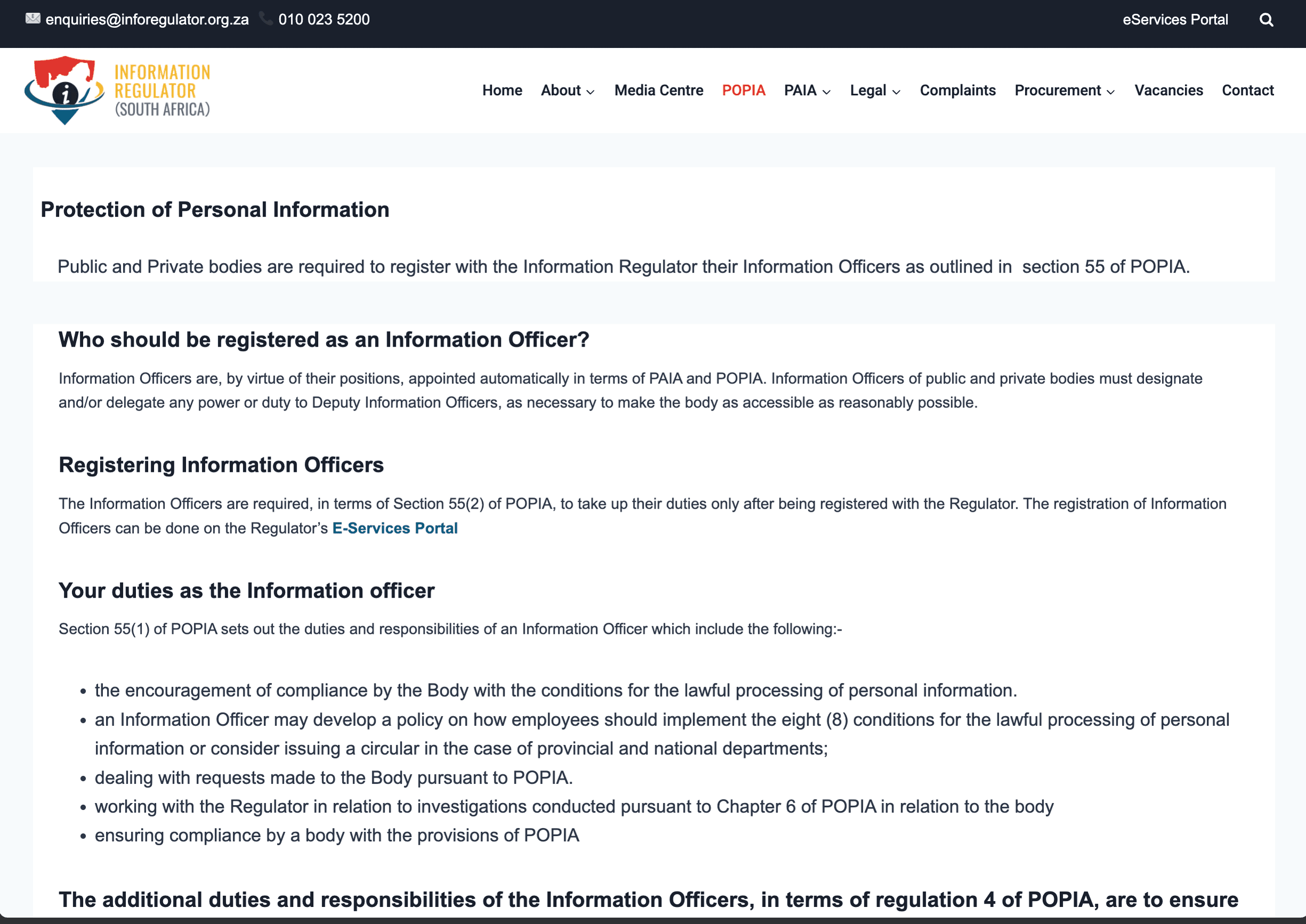 Live POPIA guidance page from South Africa's Information Regulator