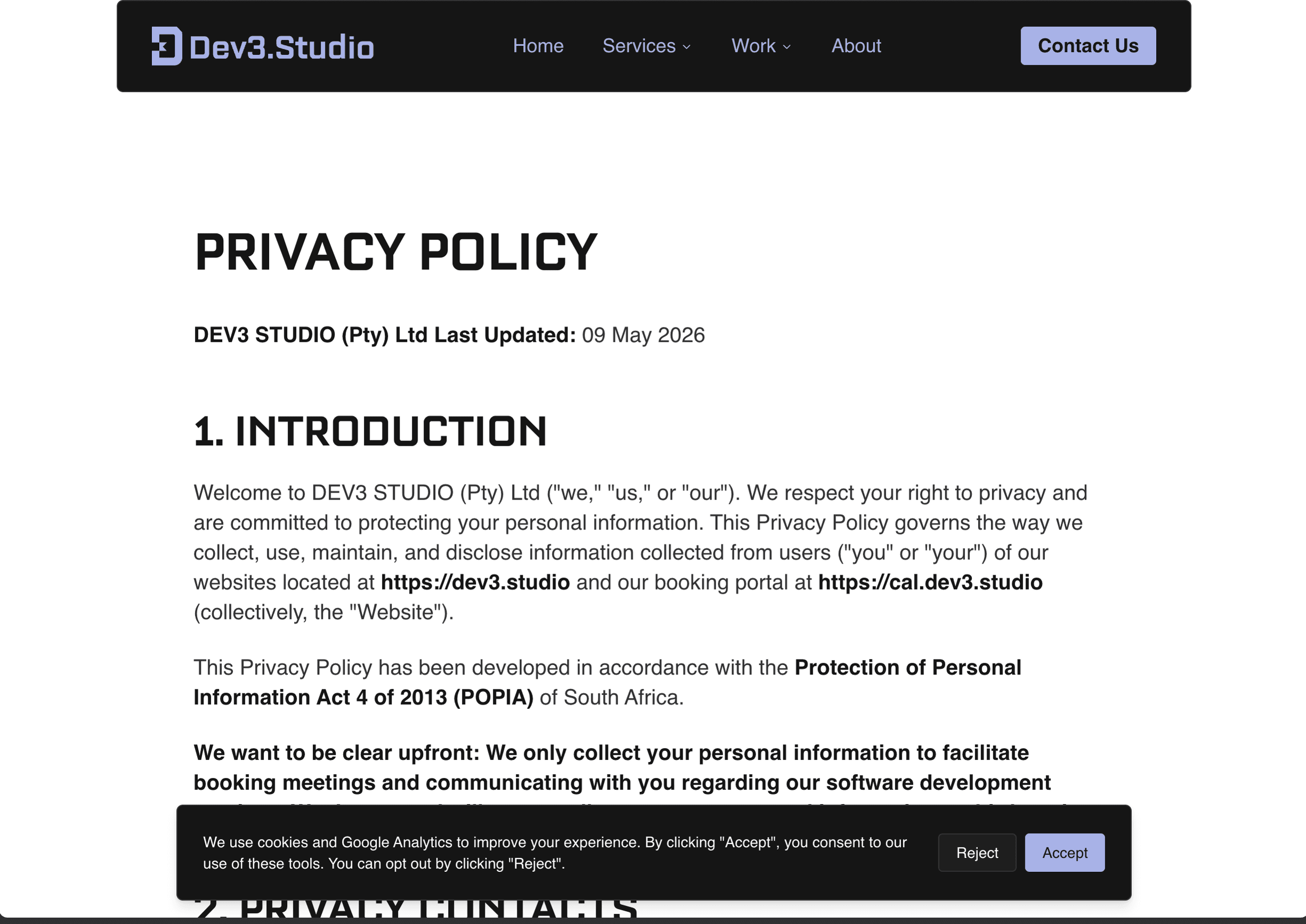 Live Dev3 Studio privacy policy page