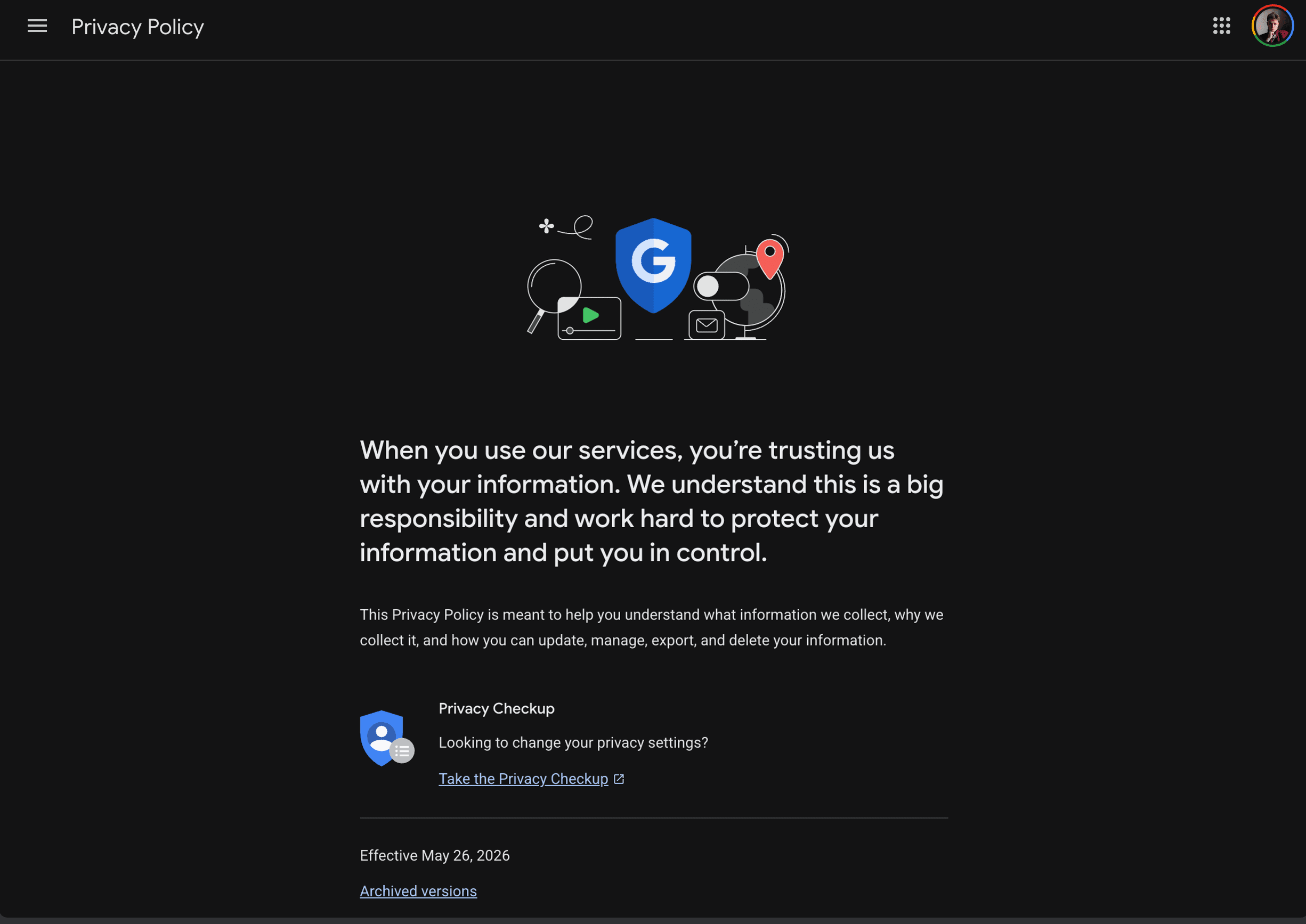Live Google privacy policy page