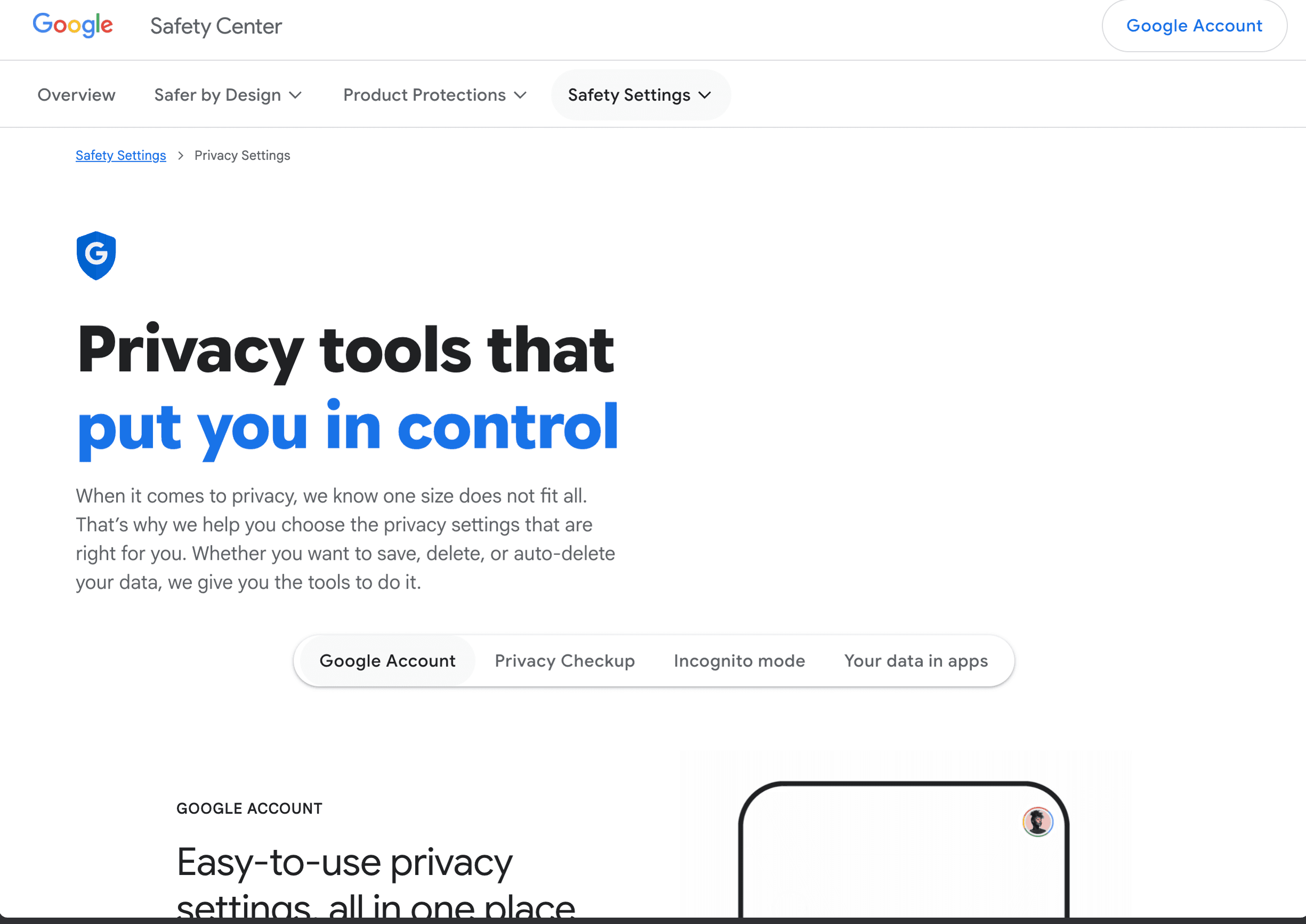 Live Google Safety Center page explaining privacy controls