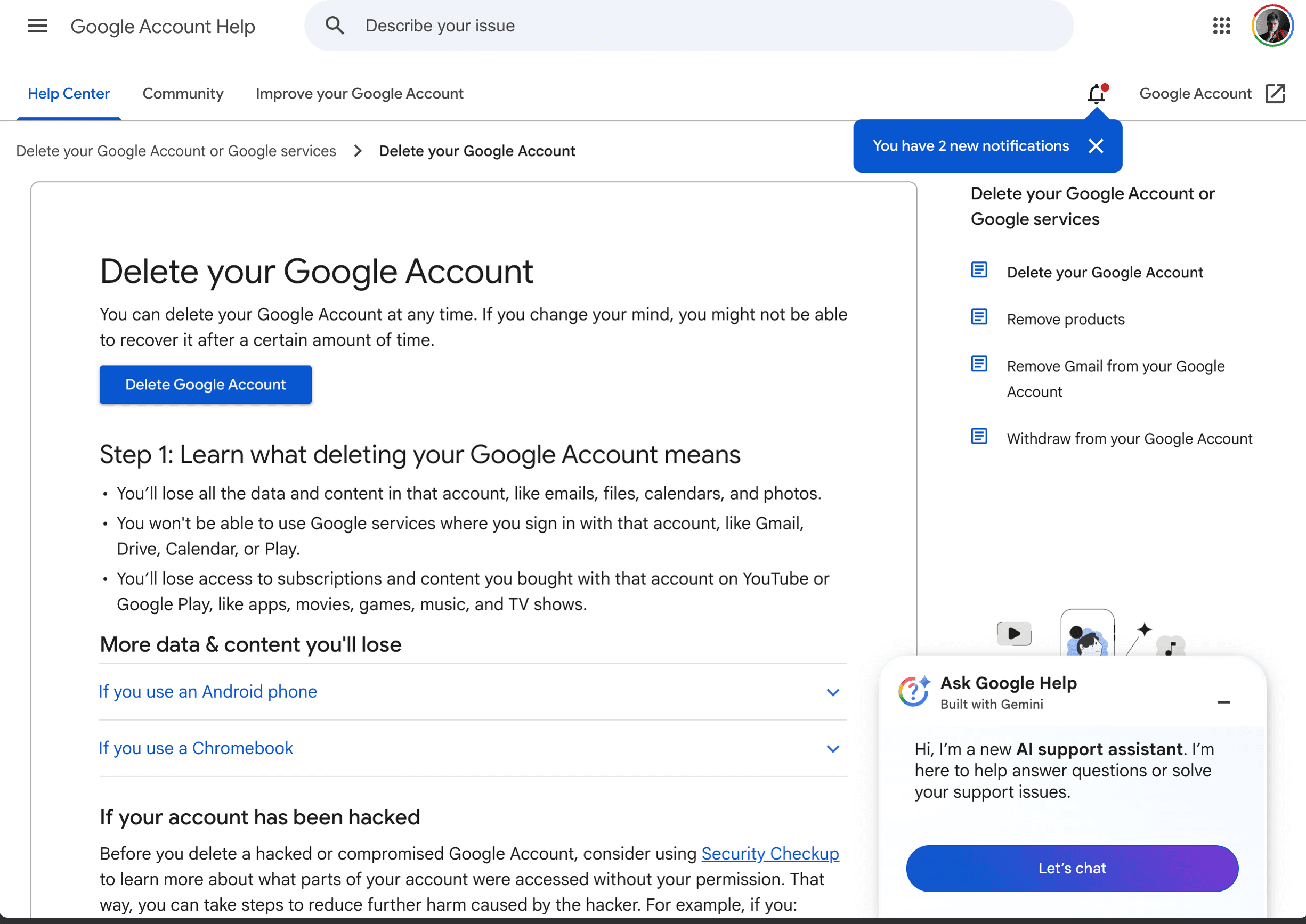 Google Account Help page explaining how to delete an account