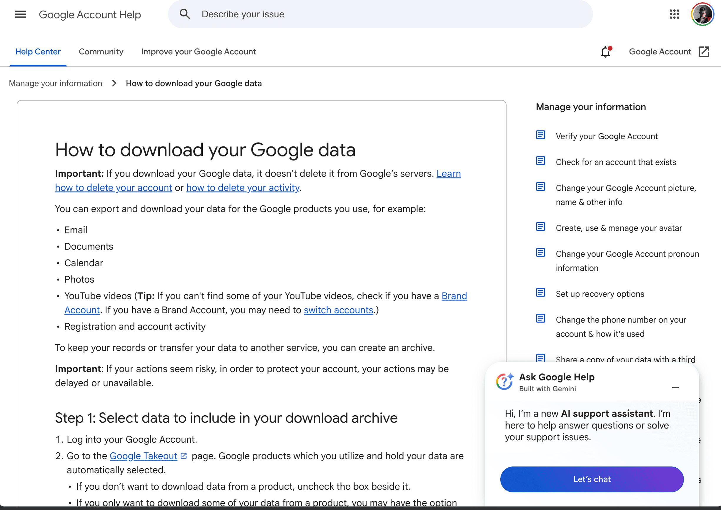 Google Account Help page explaining how to download account data