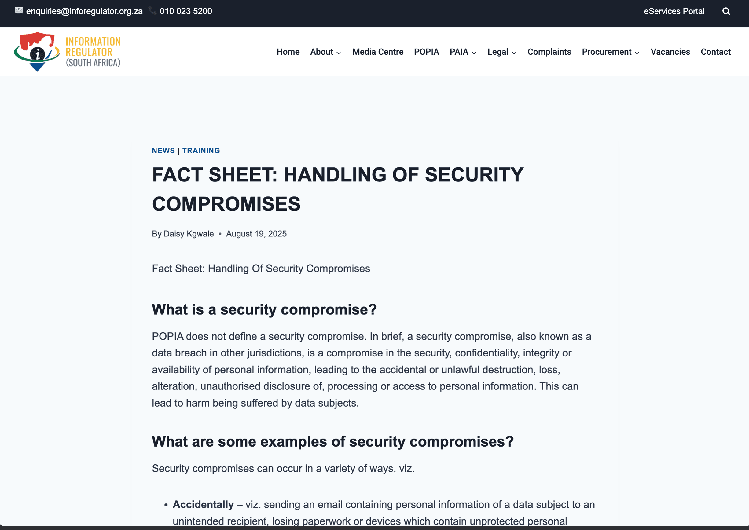 Information Regulator fact sheet on handling security compromises