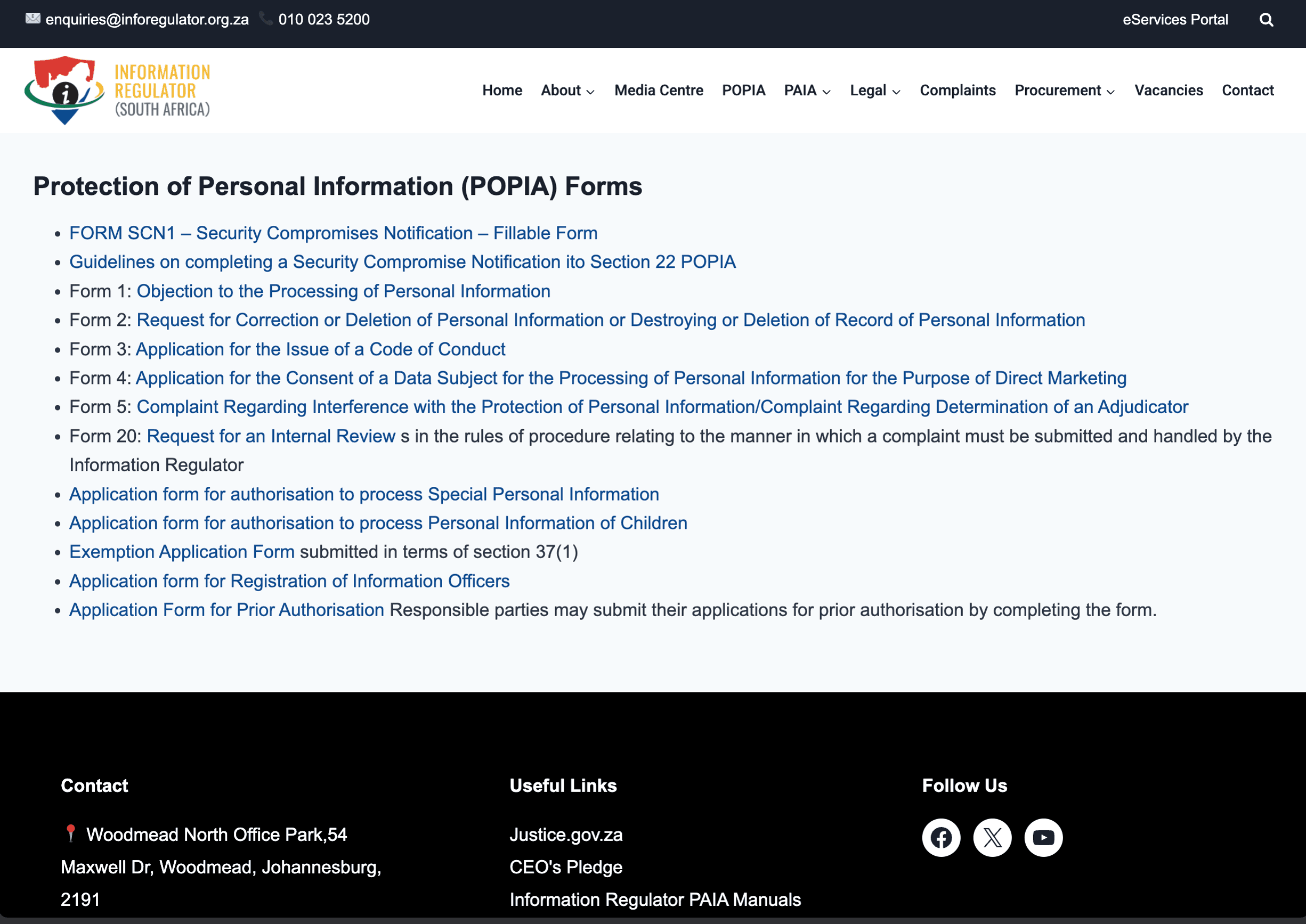 Information Regulator page listing official POPIA forms