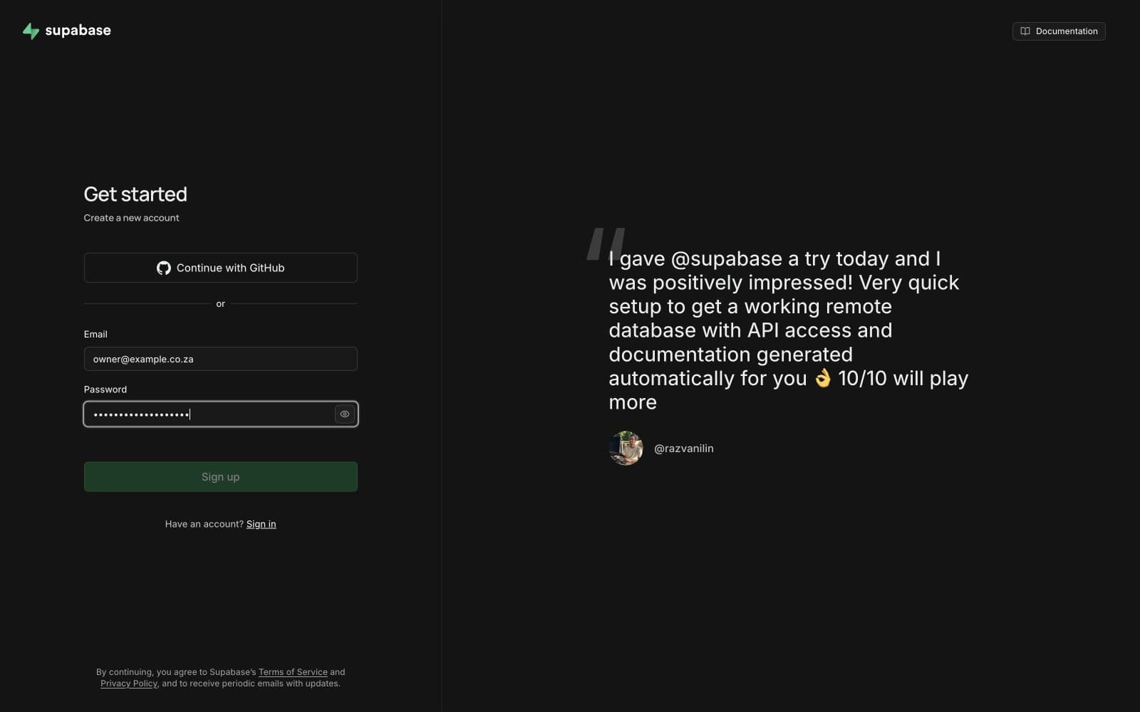 Supabase sign-up page showing GitHub and email registration options