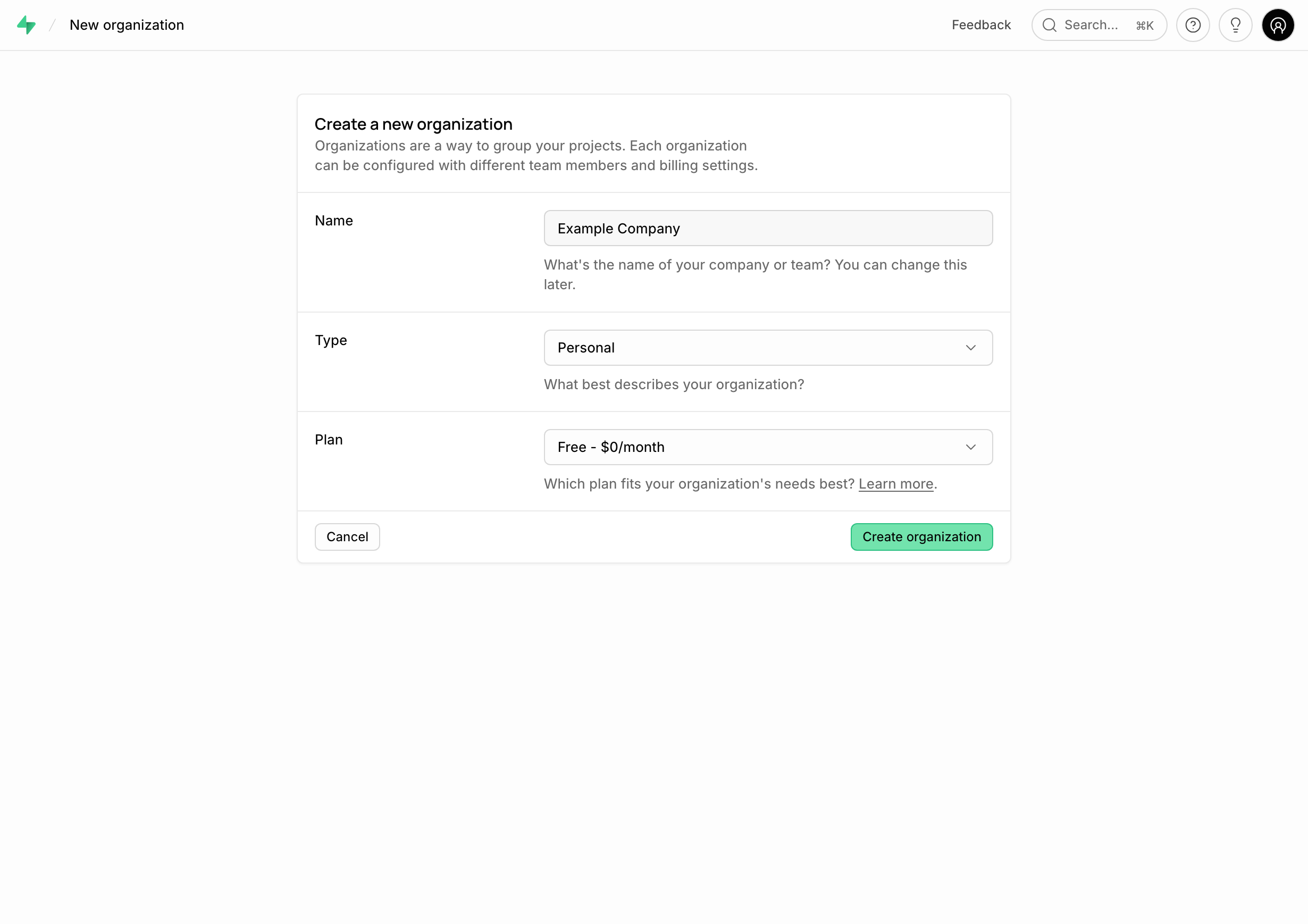 Supabase organization settings showing Example Company as the organization name