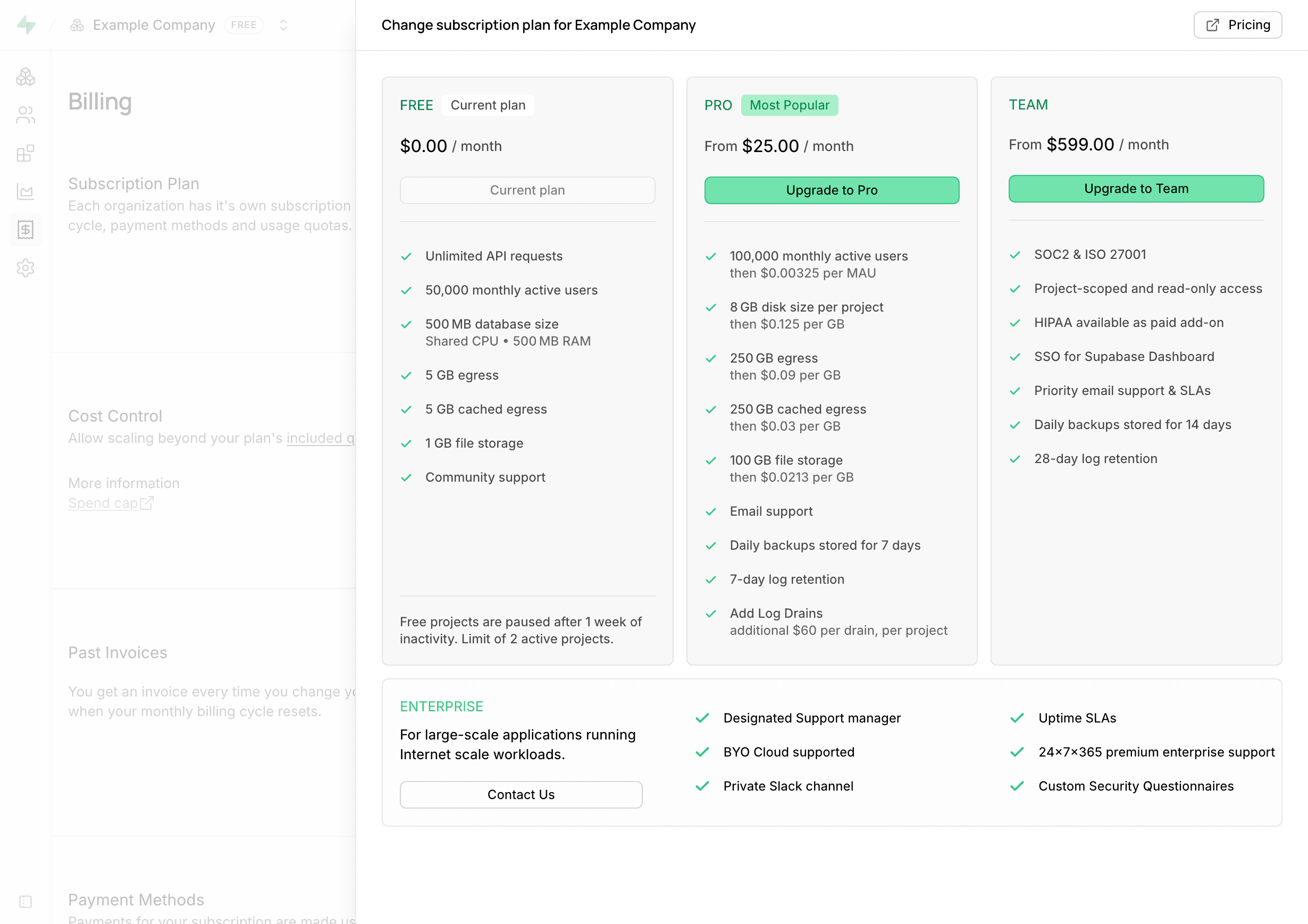 Supabase organization billing page showing the available plans