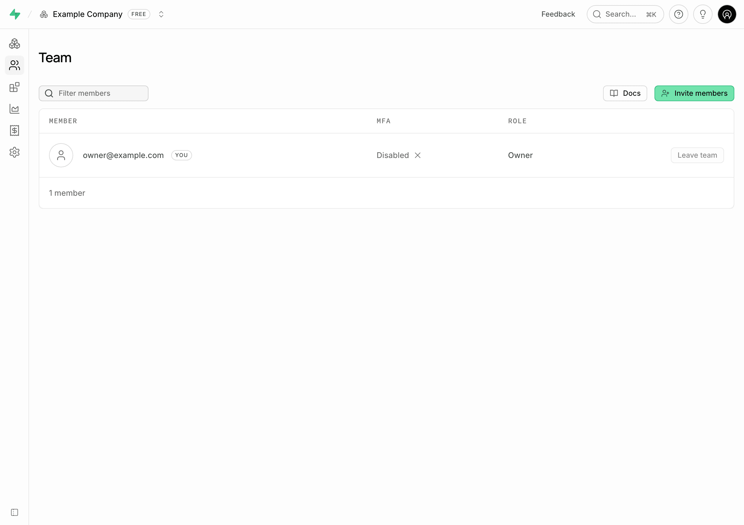 Supabase organization Team settings with the Invite member button