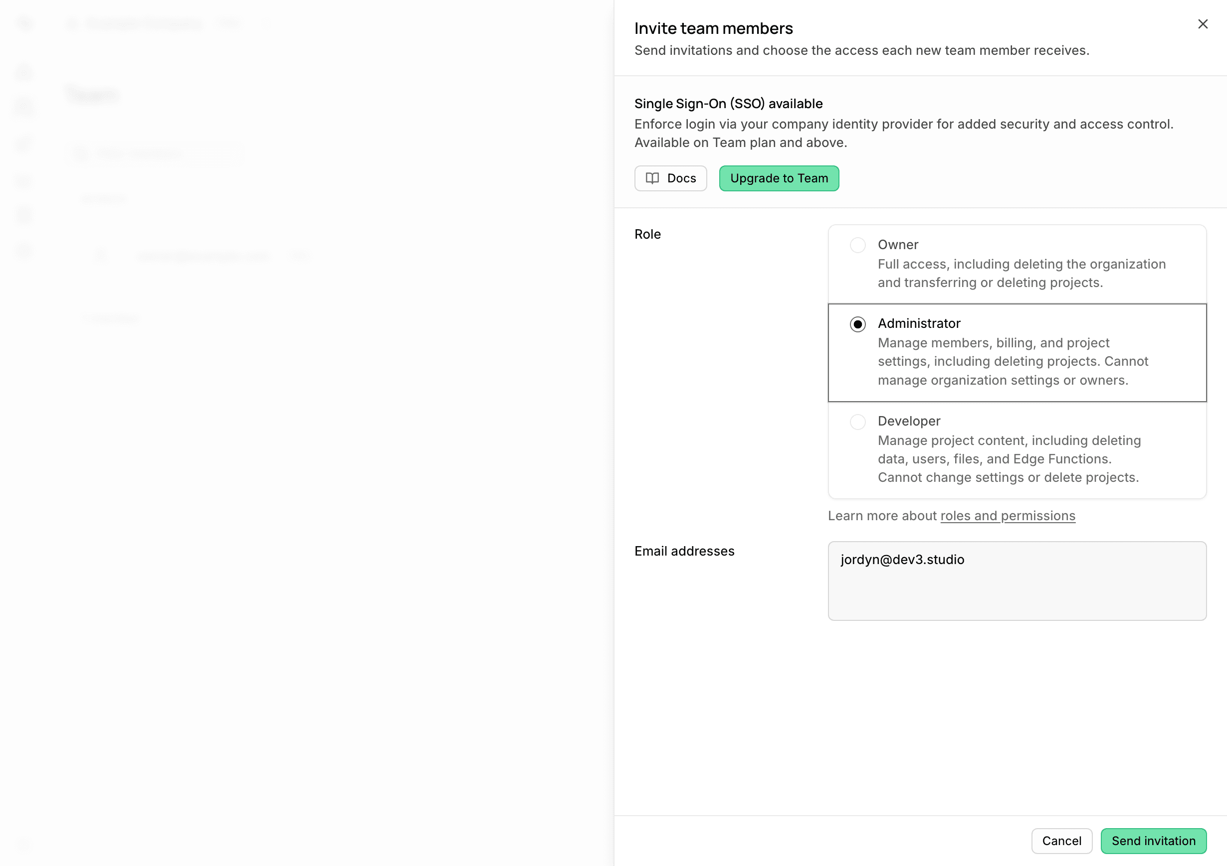 Supabase invite member form assigning the Administrator role to a Dev3 Studio team member