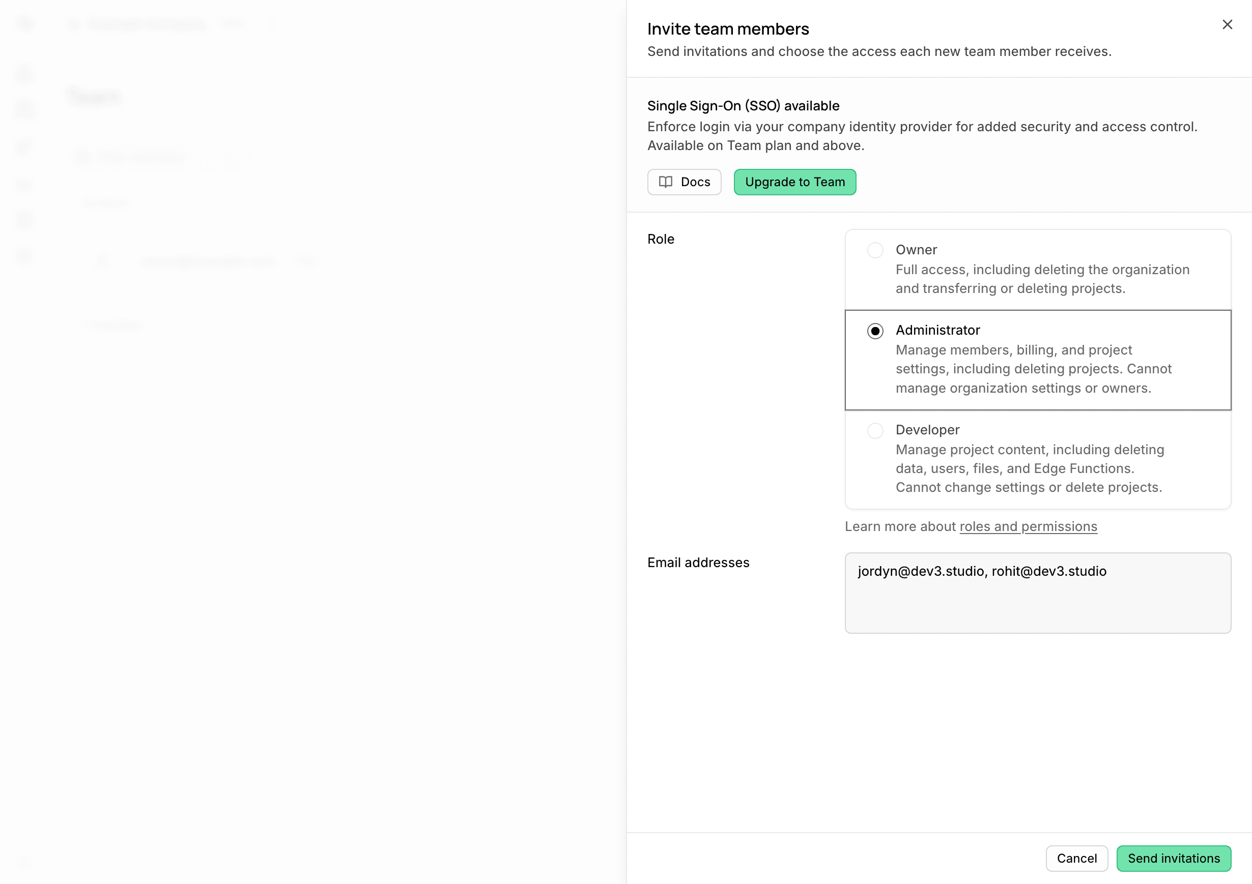 Supabase team list showing both pending Dev3 Studio Administrator invitations