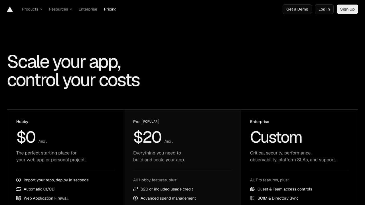 Vercel public pricing page showing the current Hobby Pro and Enterprise plans