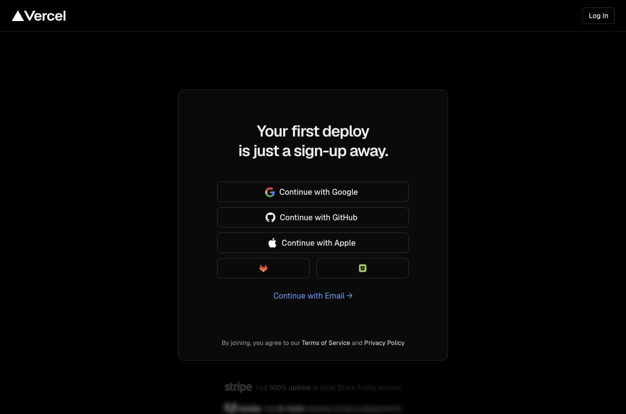 Vercel sign-up page showing Google GitHub Apple GitLab Bitbucket and email options