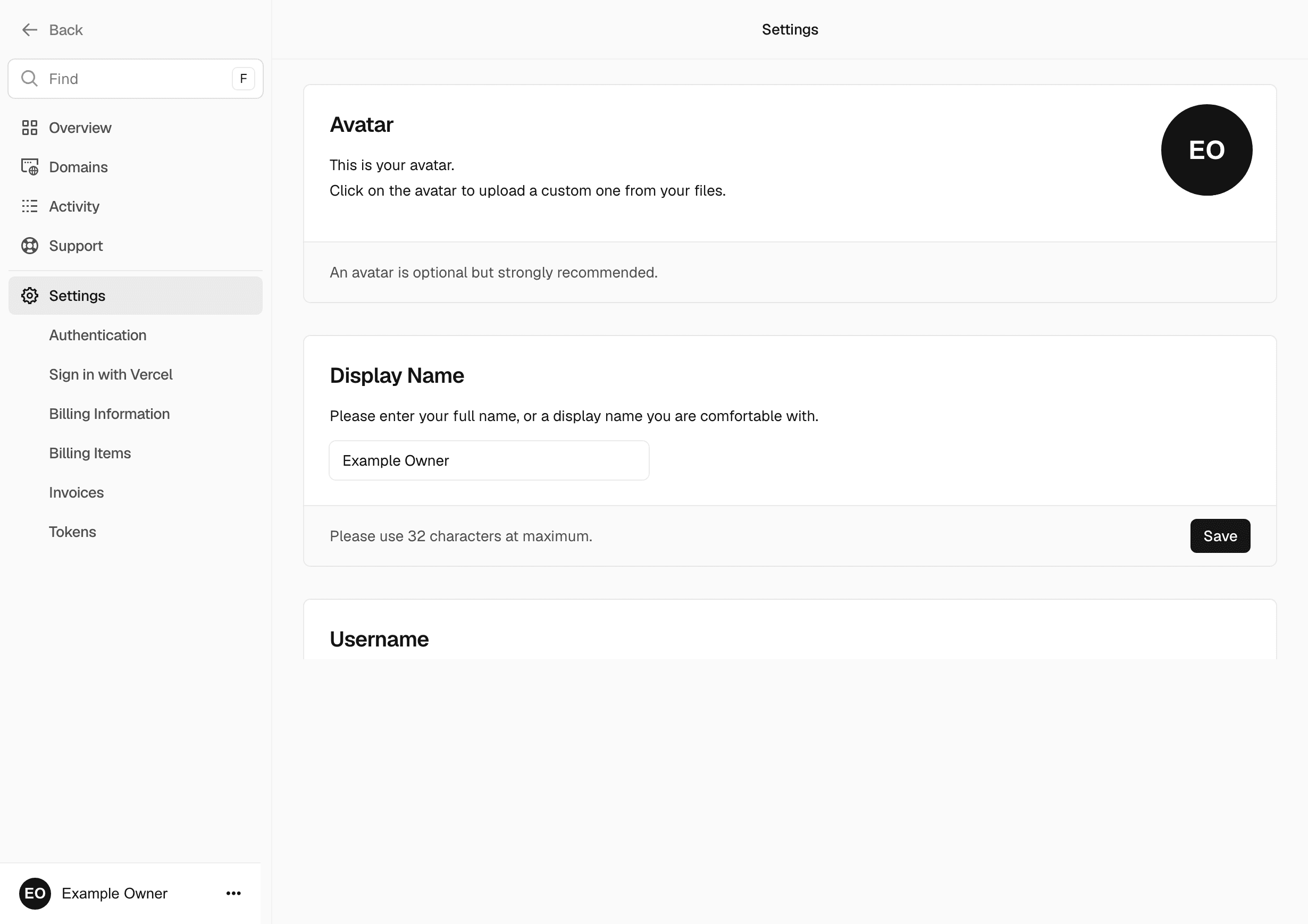 Vercel onboarding screen for completing an account profile
