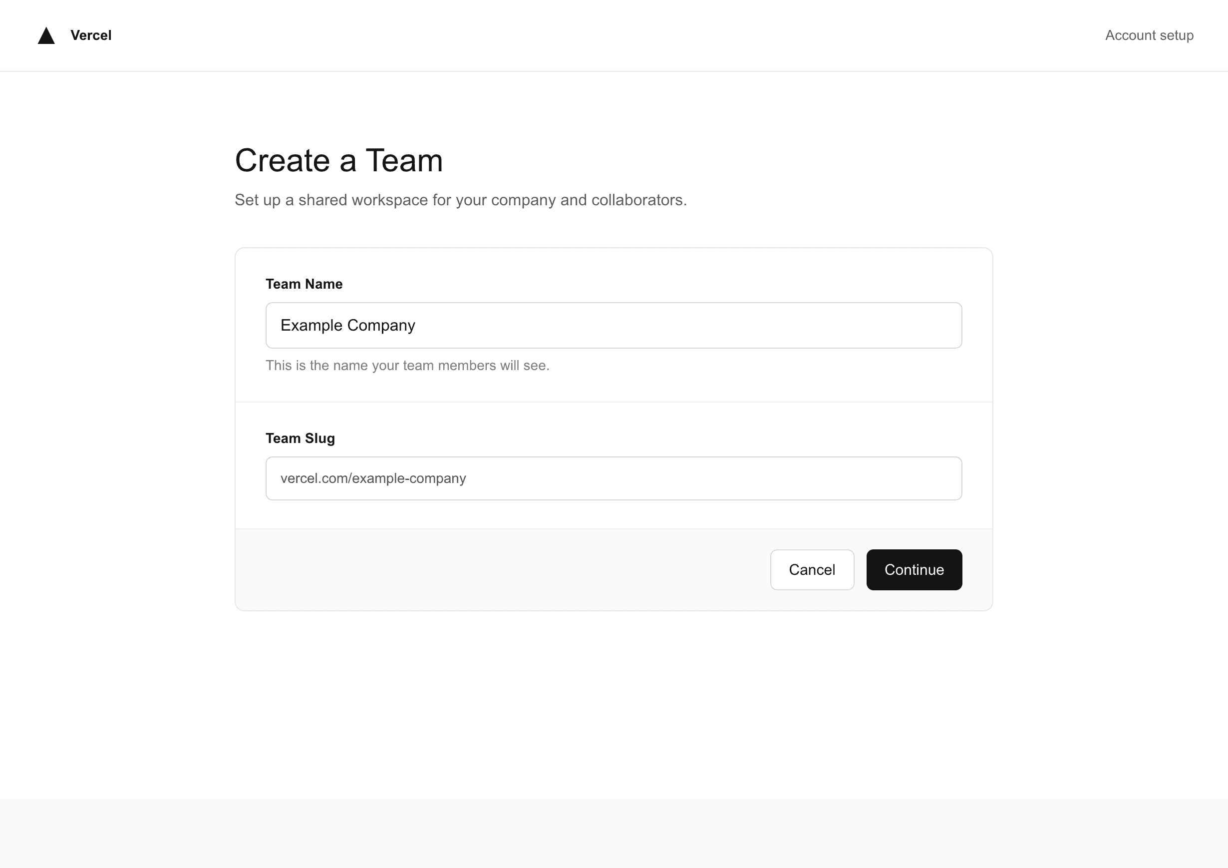 Vercel create team screen with Example Company entered as the team name