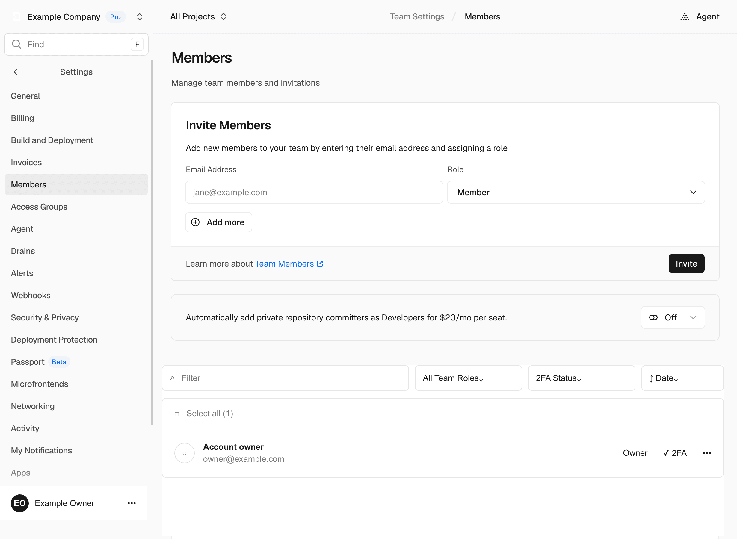 Vercel team Settings Members page with the Invite button visible