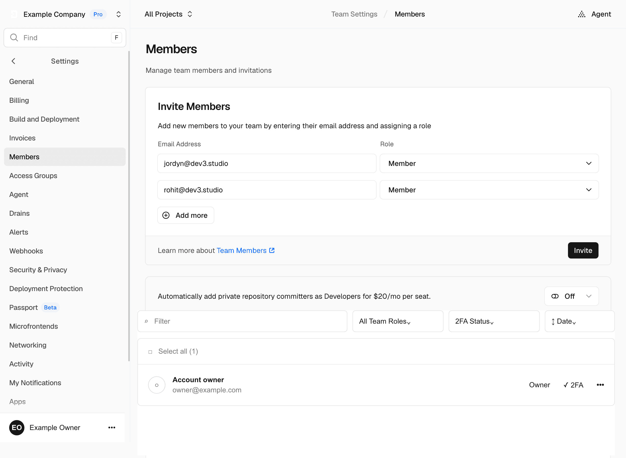 Vercel invitation form showing both Dev3 Studio addresses with the Member role