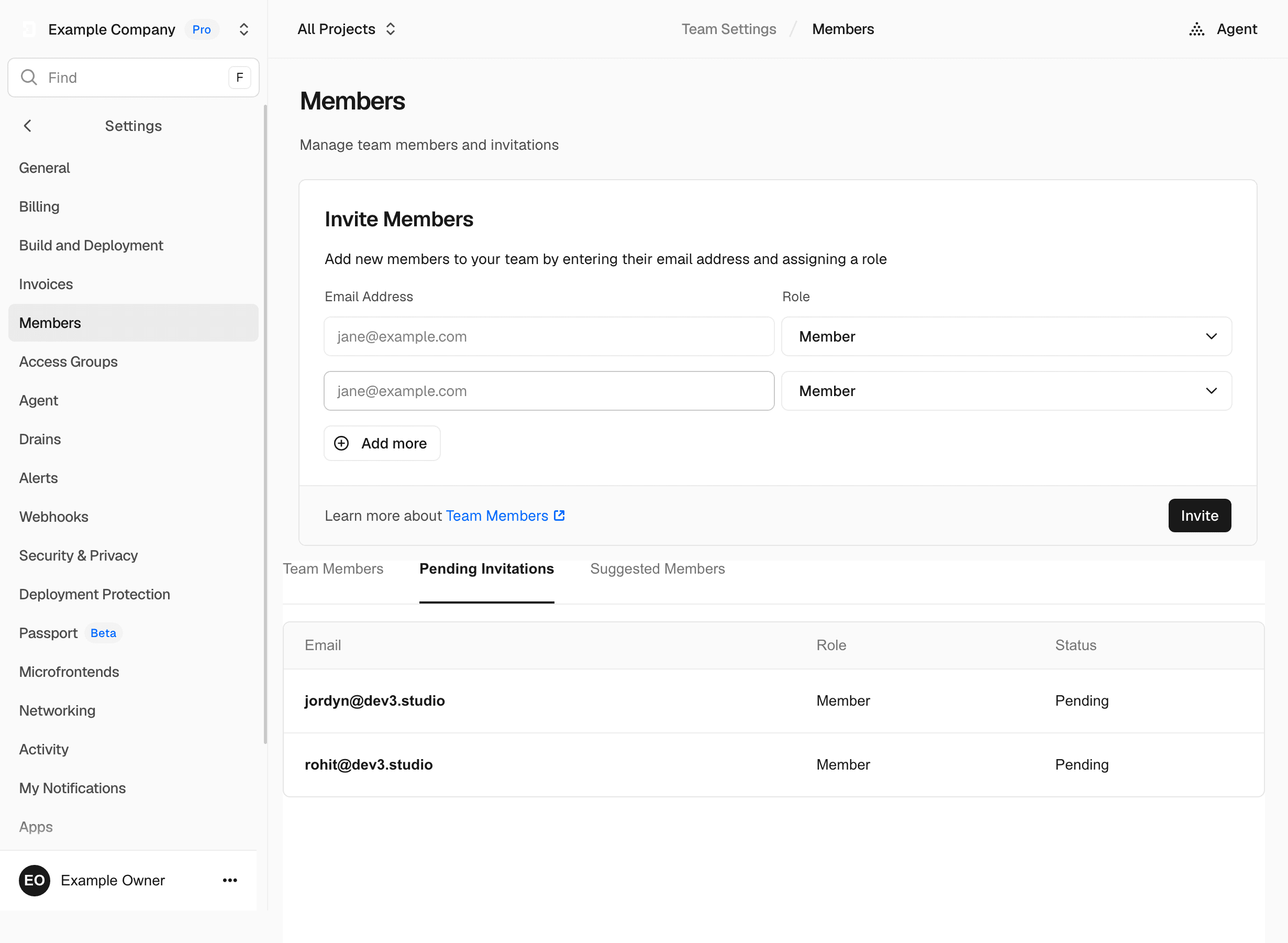 Vercel Members page showing both Dev3 Studio invitations as pending