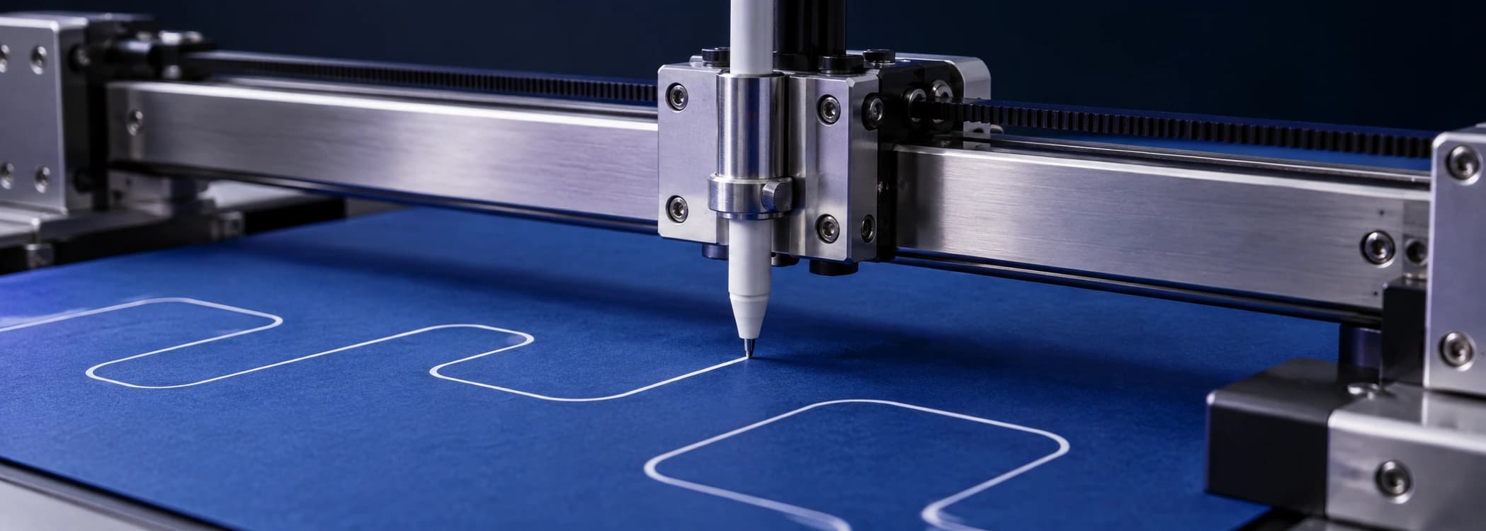 A precision pen plotter automatically drawing a flowing white path on cobalt blue paper