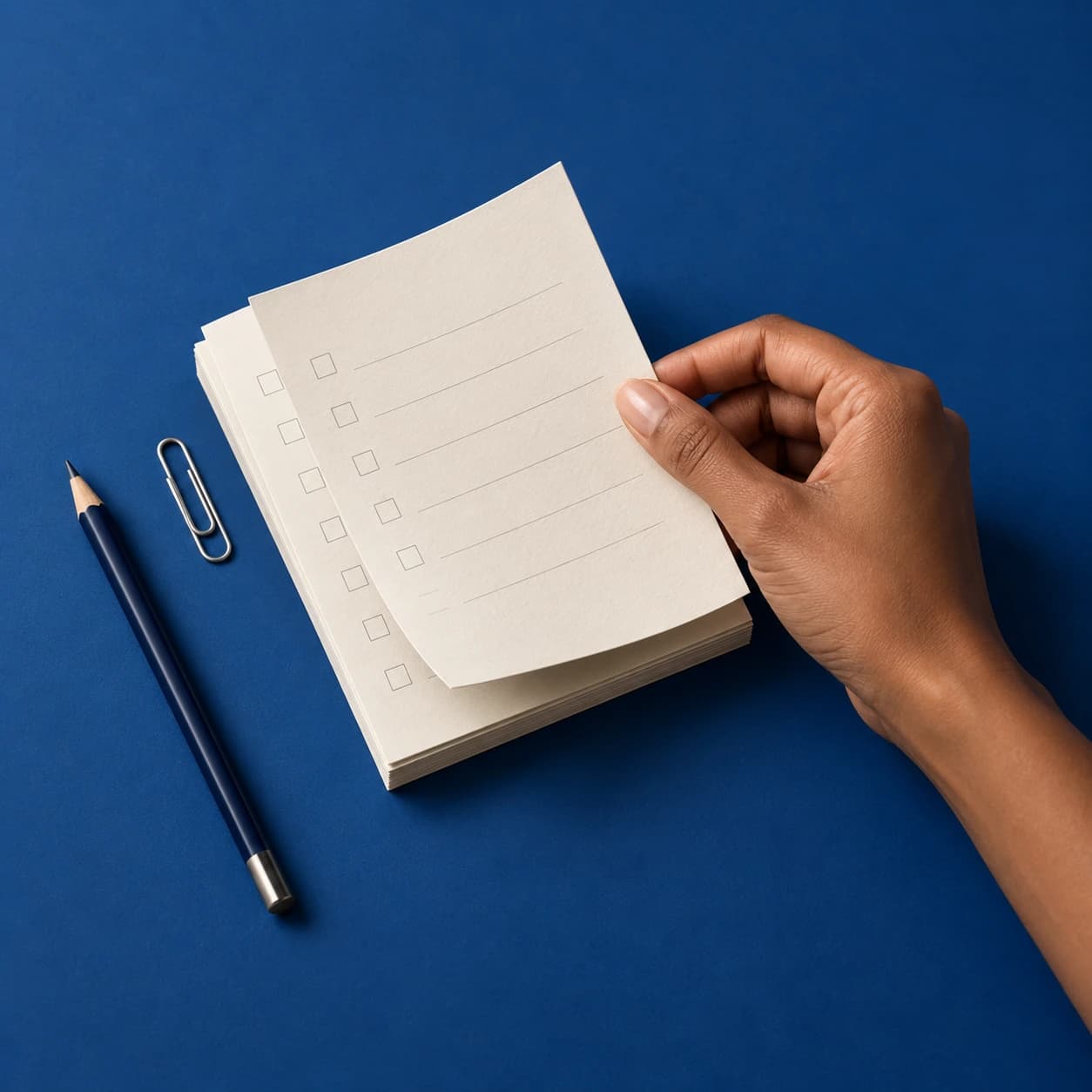 A hand selecting a task sheet from a stack on a cobalt blue desk