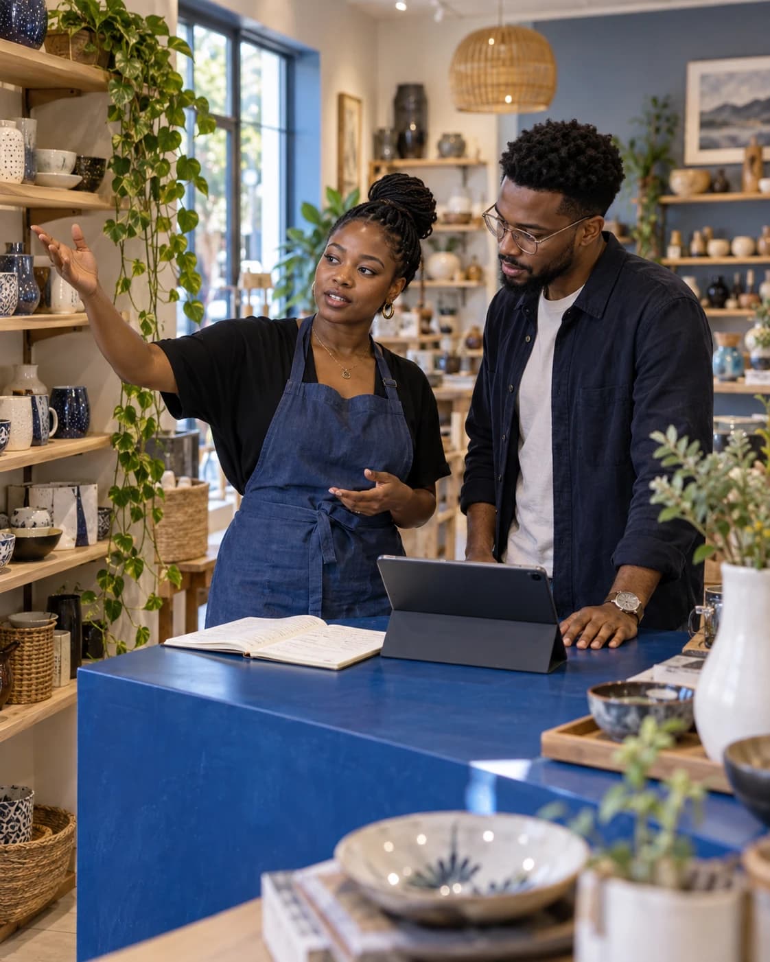 A ceramics shop owner explaining her business to a software consultant at the counter