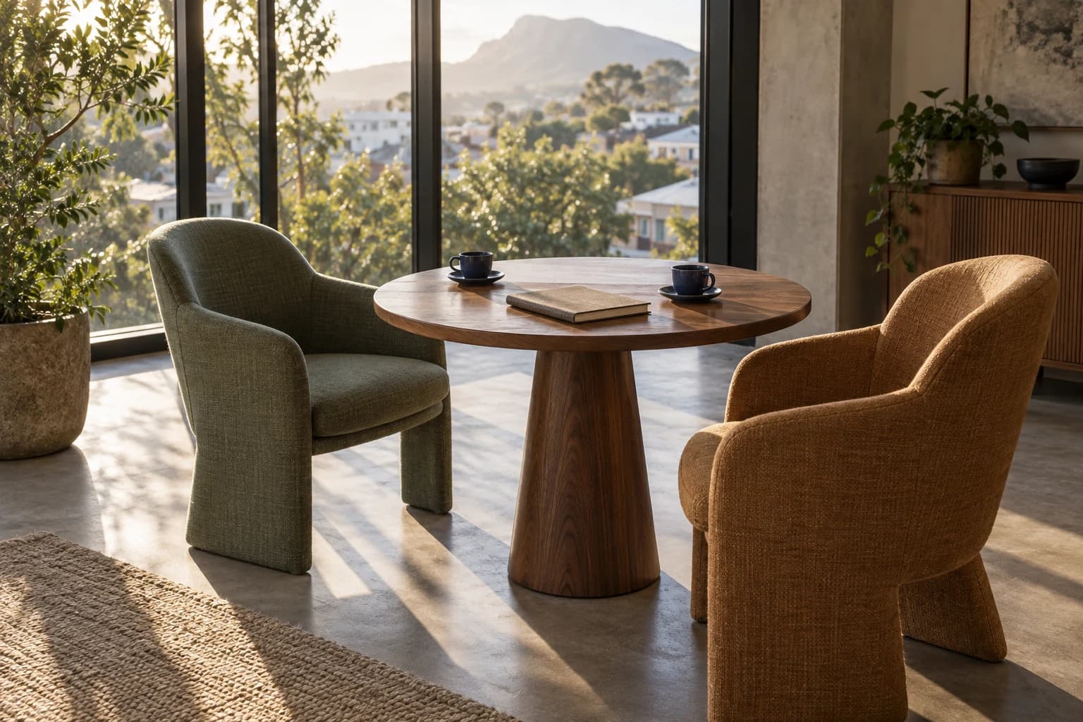 Two armchairs around a wooden table with coffee, overlooking a sunlit mountain view