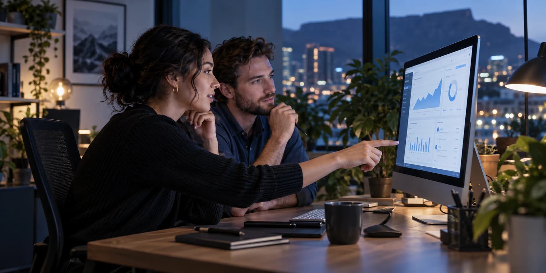 Two software specialists reviewing a dashboard together in their office at blue hour