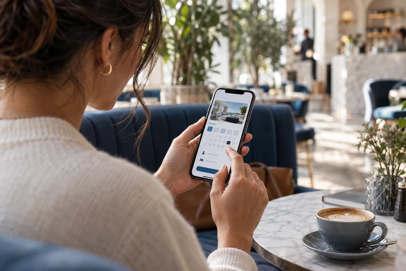 A woman using a mobile booking app at a cafe