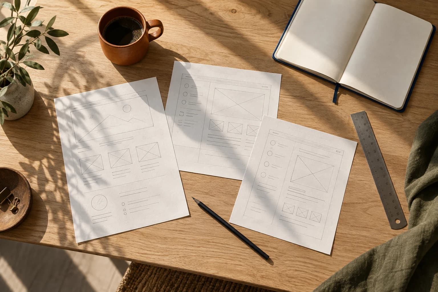 Interface sketches and design tools spread across a sunlit studio desk
