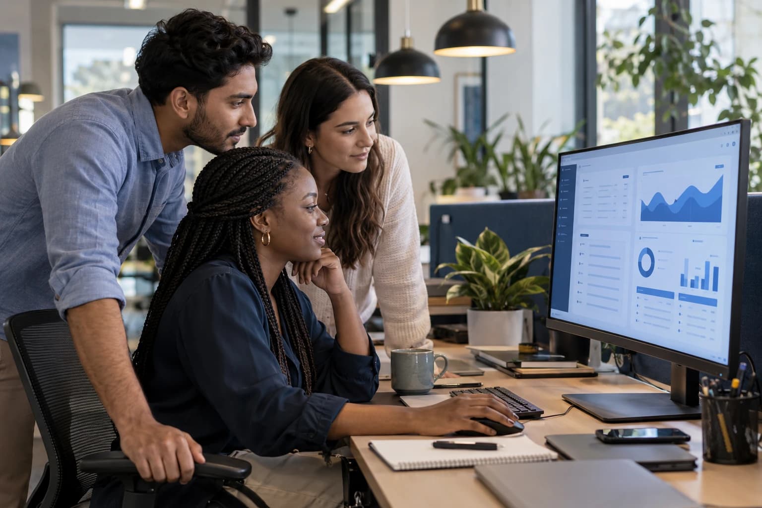 Three colleagues reviewing an operations dashboard together